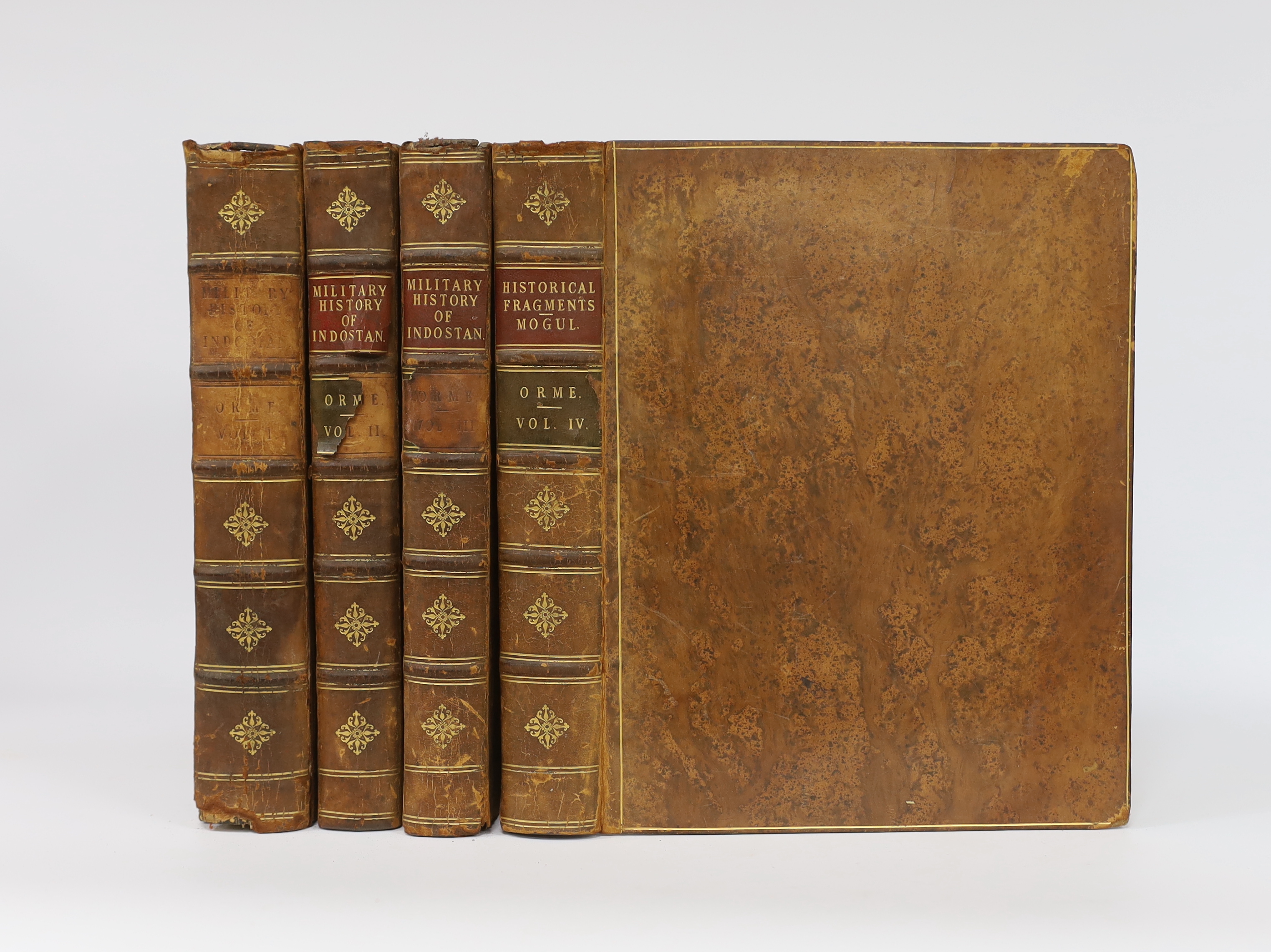 Orme, Robert - A History of the Military Transactions of the British Nation in Indostan, from the year MDCCXLV... 3 vols. (vol. I third, vols. II and III first editions). 34 plates (? ex 36), mostly folded plans; 1780-17